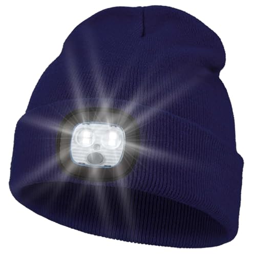 Beanie-Mütze mit eingebautem Licht, USB-wiederaufladbar, kabellos, LED-Stirnlampe, Stirnlampe, Mütze für Herren und Damen, ideal zum Wandern, Camping, Laufen, Gassi gehen, marineblau, 7-8
