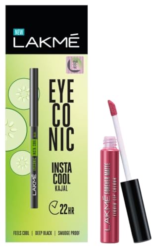 Image of LAKME Forever Matte Liquid Lip Colour, Pink Punch, 5.6 Ml & Eyeconic Insta Cool Kajal, Black, Cooling Kohl Liner With Cucumber, Twist Up Pencil, Glossy Finish 0.35 G