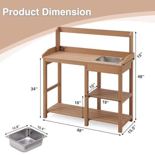Psilvampottingbenchpolylumberpottingtablewithremovablestainlesssteelsinkandopenshelvesallweathergardentableworkstationplantingtableforgardenpatioandlawnsteakcolor Urban Country Home Decor Psilvam potting bench poly lumber potting table with removable stainless steel sink and open shelves all weather garden table work station planting table for garden patio and lawns teak color urban country home decor