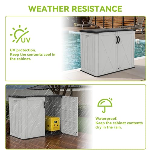 Image of Devoko 26 Cu Ft Resin Outdoor Storage Cabinet, White | Horizontal Plastic Storage Shed with Lockable Door, Water-Resistant Backyard Storage Box for Garden Patio, Shelf Not Included