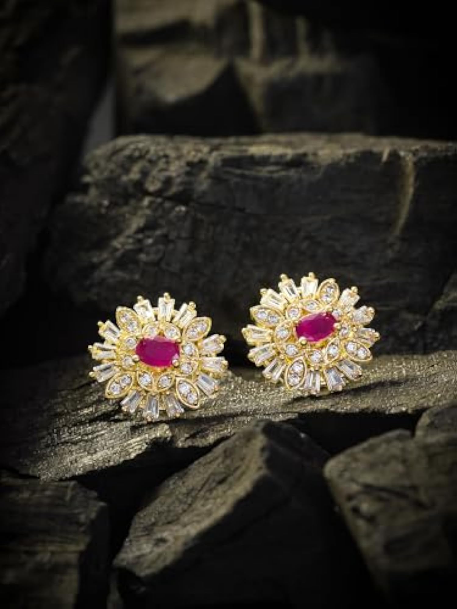 Women's Gold Plated Ruby & Diamond-Style Stud Earrings