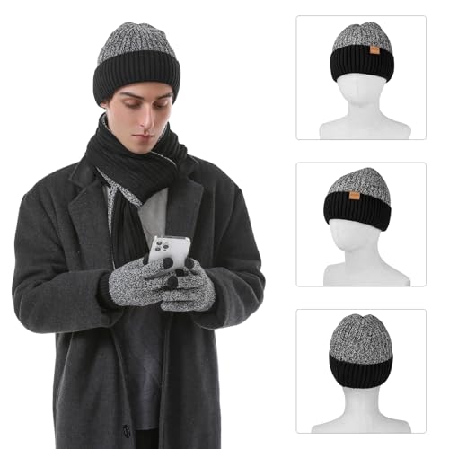 Winter Beanie Hats for Men Long Neck Scarf and Touchscreen Gloves Set with Fleece Lined Skull Caps Gifts for Men