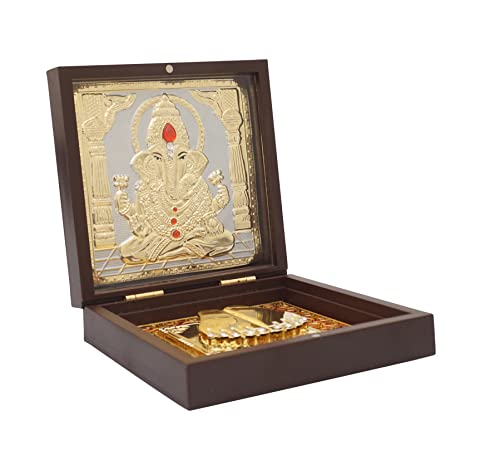 Image of Idolkart Ganesh Pocket Temple 24 Karat Gold Coated - Ganesha Photo Frame, Gift, Vinayaka Photo, Ganesh Charan Paduka for Wealth, Prosperity and Vastu Benefits - Gift for Diwali, Occassions - 2x3 Inch