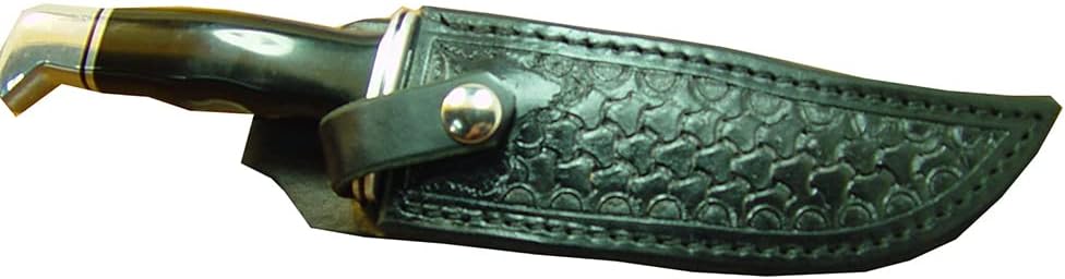 Custom Right-hand Leather knife sheath for the Buck 119 dyed black. Made with Authentic Buffalo Hide Leather and has round basket-weave tooling with strap. Sheath ONLY