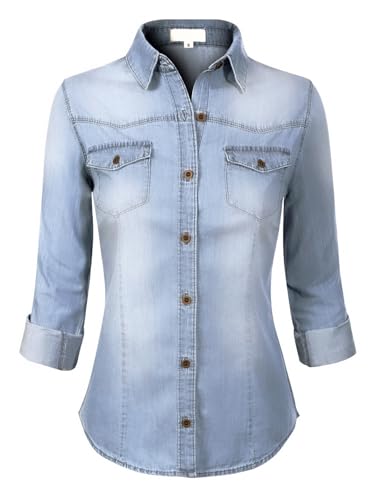 Design by Olivia Women's Roll up Sleeve Button Down Chambray Denim Shirt