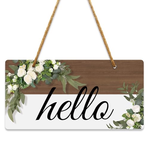 Hello Door Signs for Front Door Hello Rustic Decor Minimalism Farmhouse Welcome Sign for Indoor Outdoor Porch Rustic Farmhouse Wall Decor for Home 10x5 Inches PVC Hanging Plaque