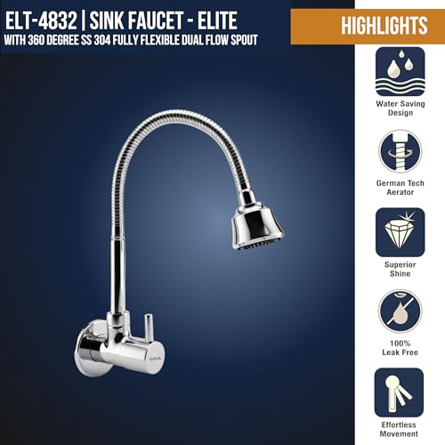 Image of KAMAL Sink Spray Tab - Elite | 360 Degree Flexible Wall Mounted Kitchen Faucet | Dual Flow SS304 Grade 50cm Extendable Spout & Brass Body Faucet | Aerator & Shower Spray Bib (Wall Mount Installation)