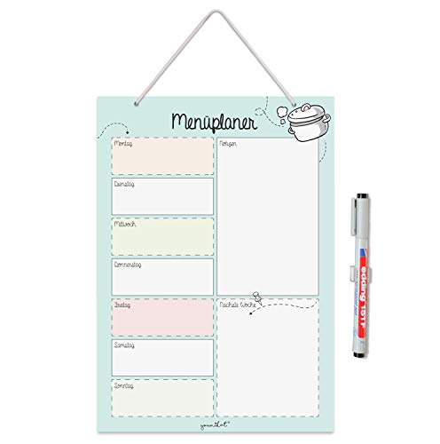 Menüplaner zum Aufhängen DIN A4 I Whiteboard Essensplaner Woche abwischbar I Speiseplan Wochenplaner abwischbar türkis I Mit Aufhängung Stifthalter und Stift I dv891