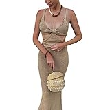 Meihuida Women Cut Out Dress Y2k Summer Sexy Halter Neck Sleeveless Backless Knitted Bodycon Cutout Dress Khaki M