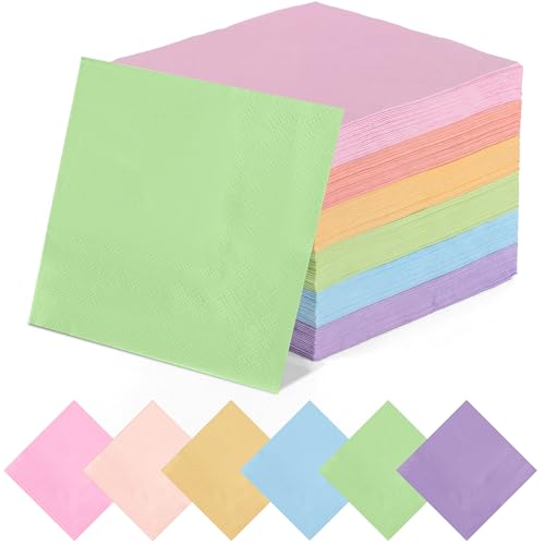 COSINIA 120 Pcs Colorful Cocktail Napkins 2-Ply 10 x 10 in Disposable Paper Napkins 6 Pastel Colors Beverage Napkins Folded 5 x 5 in Heavy-Duty Leak-Proof Party Tableware