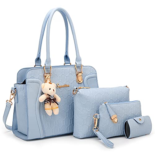Image of Women's Fashion Handbag Tote Bag Shoulder Top Handle Satchel Purse Set 4pcs | Stylish Style,Chain Texture Design,Ample Space,Bear Doll Decoration,with a Crossbody Strap