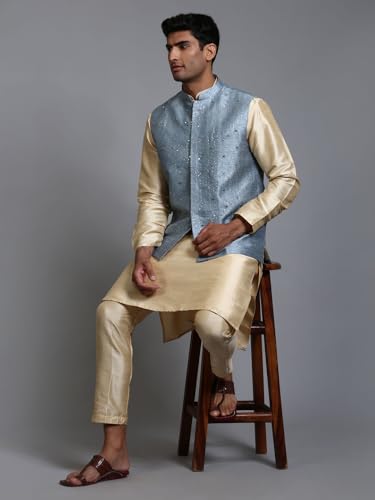 Image of VM Men's Grey And Cream Silk Blend Jacket, Kurta and Pyjama Set