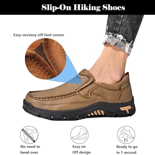Men Slip on Loafers, Leather Hiking Shoes, Waterproof Causal Sneakers, Work Walking Slippers, Easy Wear on/Off, for Travel, Camping, Running4