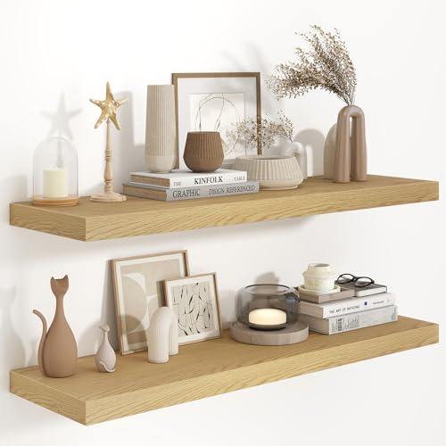 Fun Memories 40 Inch Floating Shelvese, 40" W x 9.3" D Floating Shelf Set of 2, Farmhouse Wood Wall Shelves for Bedroom, Kitchen, Wall Mounted Deep Shelving for Home Decor, Oak Color