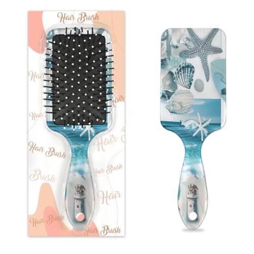 Mexpekil Cepillo de pelo con forma de pala para desenredar, diseño de estrella de mar, tortuga, conchas, faro de mar, verde azulado, cepillo de pelo húmedo y seco, para masajes, para niñas, mujeres y