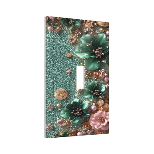 Decorative Switch Covers Plate Bling Green Rose Flowers Crystal Rhinestone Glitter 1 Gang Wall Plate Oversized Single Toggle Wall Cover Plate Jumbo Electrical Light Switch Plate Faceplate