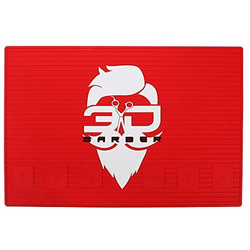 3D Barber Cipper Mat, Anti-slip Black Barber Clippers Organizer with 6 Hair Trimmer Holder. (Red with White Logo)