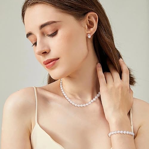 Pearl Necklaces for Women,8mm Pearl Necklace and Earring Bracelet Jewelry Set for Women Men Wedding Birthday Valentine Christmas Day Gifts2