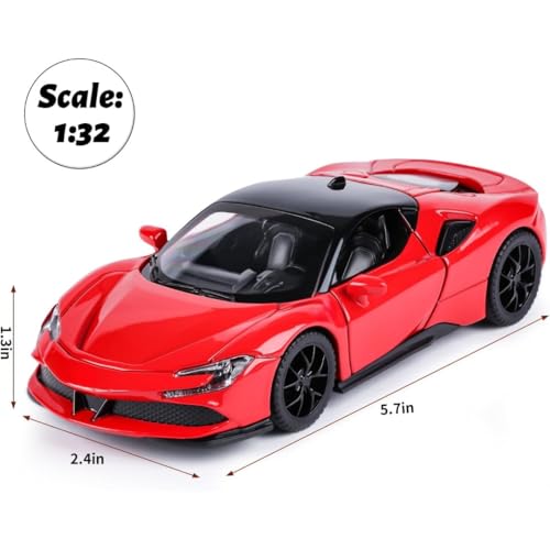 Image of PLUSPOINT Diecast Red Ferari SF90 STRADALE Hardtop Toy Car Scale Model Pull Back Vehicles with Doors openable Alloy Simulation Supercar with Lights and Sound Also for Car Dashboard Kids Adult