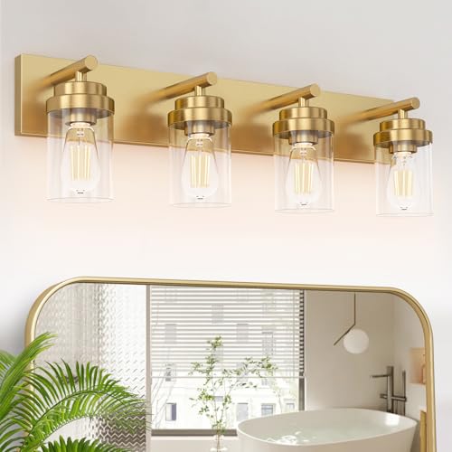 Image of IZORRO Bathroom Vanity Light Fixture, 4-Light 30 Inch Gold Bathroom Light Fixtures Over Mirror, with Clear Glass Shade, Modern Farmhouse Vanity Lights, Rustic Restroom Lighting Fixtures