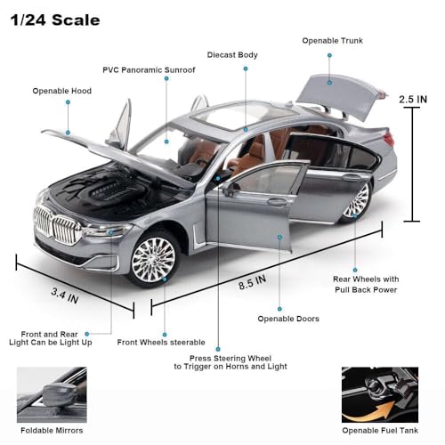 Image of 1:24 B.M.W 7Series 760Li Model Car Zinc Alloy Pull Back Toy Diecast Toy Cars with Openable Doors, Sound and Light for Kids Boy Girl Gift(Colors As Per Stock)