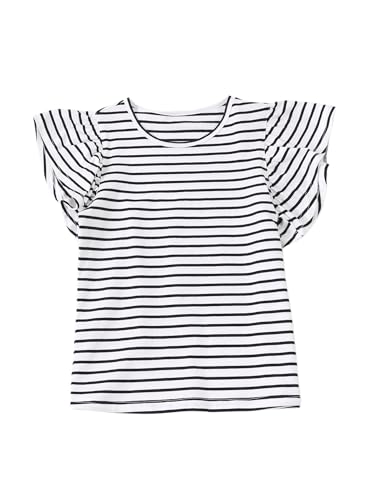Image of Girls Striped Shirts Ruffle Sleeve Cute Top Crew Neck Casual Summer Tees White 11-12Y