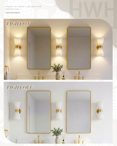 Image of Wall Sconces Set of Two, HWH 14.3 Inch Gold Bathroom Light Fixtures with Milk White Striped Fabric Shade, Modern Wall Light fixtures for Living Room Bedroom, 5HZG97B-2W-2PK BG-FB