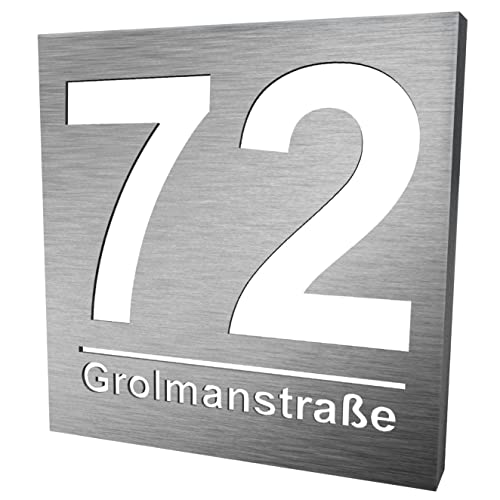 Hausnummer Beleuchtet Led 30x30cm 230V Strom Große aus Aluminium mit Gravur Straßenname Personalisiert, Energieeffiziente A+++ 6W, Dämmerungssensor, Silber, von PRINTIMA Cover