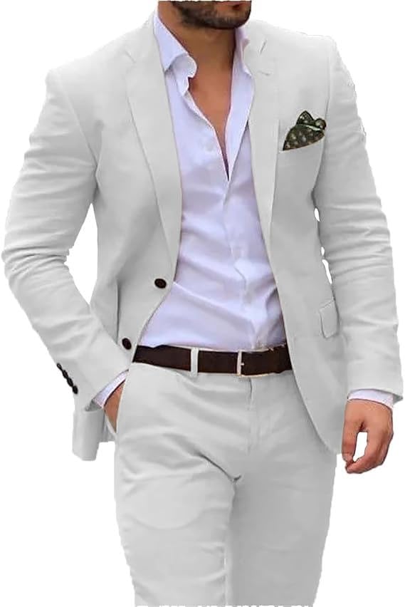 Men's Suits Regular Fit 2 Piece Prom Summer Linen Tuxedos Jacket+Pants Wedding Grooms