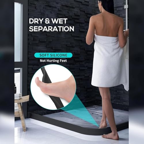 Image of Shower Water Barrier Strip, Silicone Shower Threshold Water Dam, Self Adhesive Waterproof Water Stopper for Bathroom Floor, Shower Door, Bathtub & Kitchen(Black, 2-Meter, T-Shap)