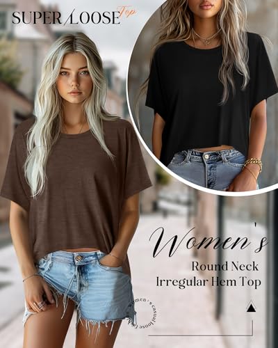 Huukeay 3 Pack Oversized Cropped T Shirts for Women Casual Short Sleeves Crop Tops Crew Neck Irregular Hem Baggy Tees2
