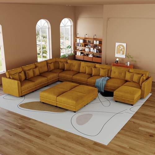 Image of LLappuil 14-Seat Modular Sectional Sofa with Storage, 163 inch Oversized U-Shaped Corduroy Couch with 10 Throw Pillows, Pet-Friendly Convertible Pit Sofa for Large Spaces, Skin-Friendly, Yellow