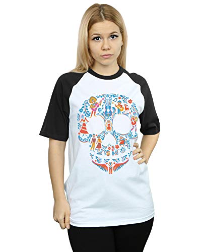 Disney Women's Coco Skull Pattern Baseball T-Shirt White/Black Medium