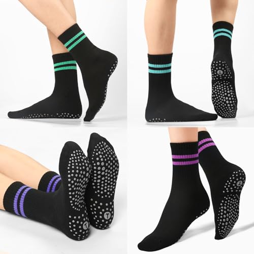 Image of Toes Home Pilates Socks for Women with Non Slip Grippers, Yoga Crew Socks for Barre Hospital Sticky Slipper Socks 4 Pairs