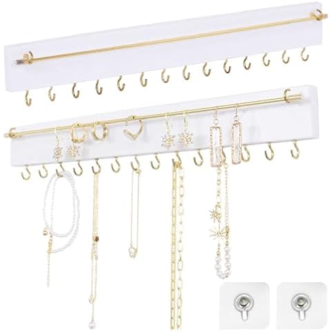 SCUNDA Stick on Wall Jewelry Holder Organizer, Adhesive Necklace Organizer Wall Mount, Space Saving Jewelry Rack with 14 Hooks and Holder, Display Shelf for Necklace, Earing, Ring (2 Packs, White) Cover