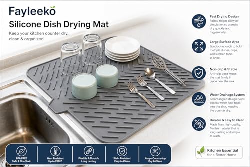 Image of Fayleeko Silicone Dish Drying Mat for Kitchen Counter, Dish Drying Mat Large 23x17 Inch, Silicone Mat for Kitchen Sink Area, Sink Mat for Kitchen Drain, Heat Resistant Non Slip Design (Large)