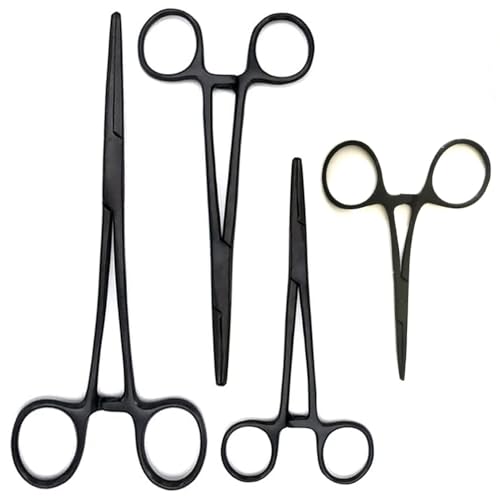 MuskalMed Durable 4-Piece Full Black Coated Straight Hemostat Set - High Quality Stainless Steel, Autoclavable, Precision Tips, Serrated Jaws, Three Locking Positions (3.5”, 5”, 6.25”, 8
