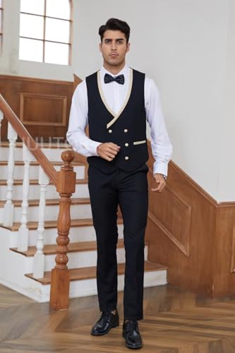 HUUTOE Men's Tuxedo Suits 3 Piece Slim Fit Stylish Party Wedding Prom Formal Christmas Double Breasted Suit with Bow Tie2
