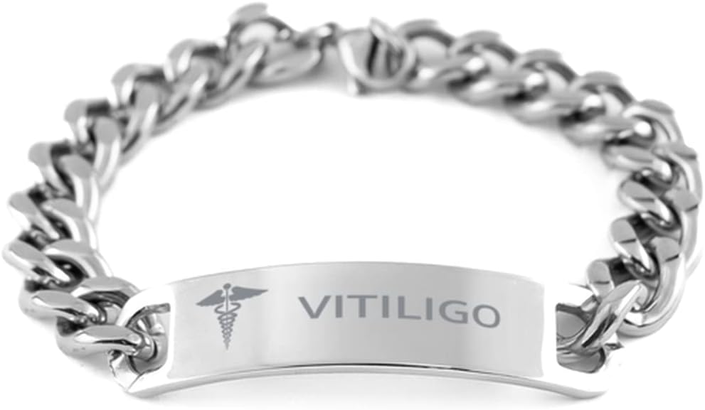 Medical Cuban Chain Stainless Steel Bracelet, Vitiligo Awareness, Medical Symbol, SOS Emergency Health Life Alert ID Engraved Stainless Steel Silver Jewelry Adjustable Bracelet For Men Women Teen
