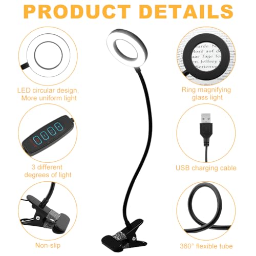 Magnifying Glass with Light 5X Magnifying Lamp, 3 Adjustable Colour Modes LED Magnifying Glasses, USB Powered Magnifier Lamp with Metal Clamp for Bedroom Dormitory(Black) - Image 4