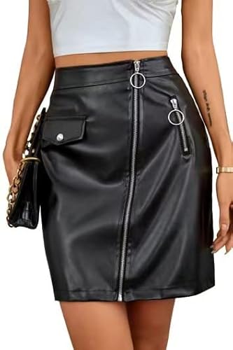 Alcea Rosea Damen Kunstleder Minirock mit Gürtel Reißverschluss A-Linie Bodycon PU Rock S-XXL (Schwarz01,XXL) Cover