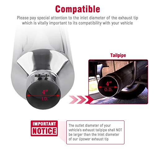 Upower Diesel 4 Inch Inlet to 8" Exhaust Tip 304 Mirror Polished Exhaust Tailpipe 18" Long 45Degree Angle Cut Bolt-On