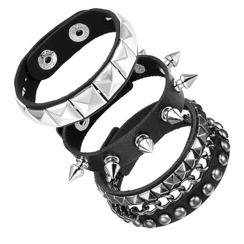 Ouligay 3 Pcs Studded Bracelet, Spiked Bracelets, Punk Leather Bracelet for Women Men, Vintage Chain 80s Wristband Set, Gothic Accessories for Rocker Outfits Emo Y2k Punk Jewelry