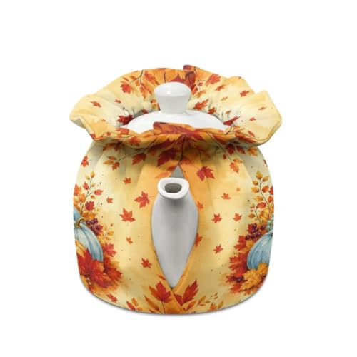 Image of Fall Pumpkin Tea Cosy for Teapot Insulated Kettle Cover Bow Print Breakfast Warmer Kitchen Teapot Dust Covers Washable Tea Cozy Tabletop Decorations for Afternoon Tea
