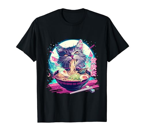 Japanese Art Ramen Cat Ninja Synthwave Style Samurai Cat T-Shirt