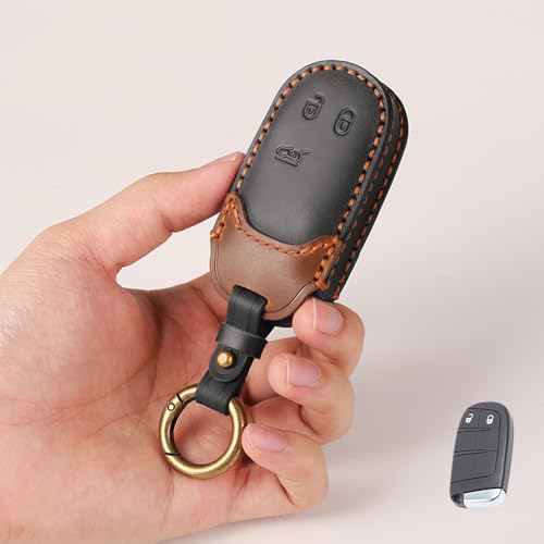 Image of keyzone dual leather key cover compatible for Jeep Compass, Compass Trailhawk smart key (BlackBrown)