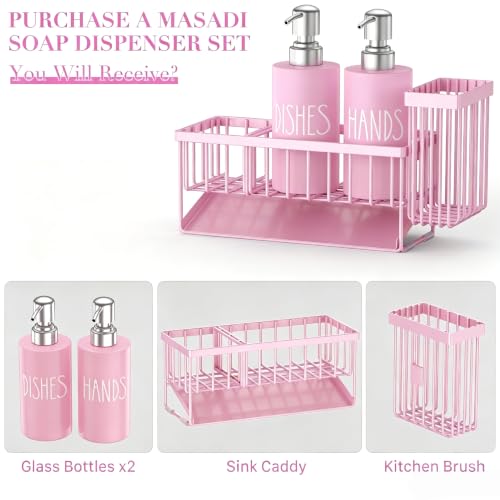 Image of MASADI Pink &Silver Kitchen Dish Soap Dispenser Set with Sponge Holder, 12OZ Glass Bottle, Hand and Dish Soap Dispenser Set, Non-Slip Silicone Pad, Brush Holder, Kitchen Sink Organizer Countertop