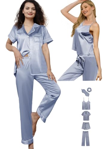 6Pcs Womens Silk Satin Pajama Sets Pj Sets Short Pjs Set Pajamas Sleepwear Camisole Sexy Cami3