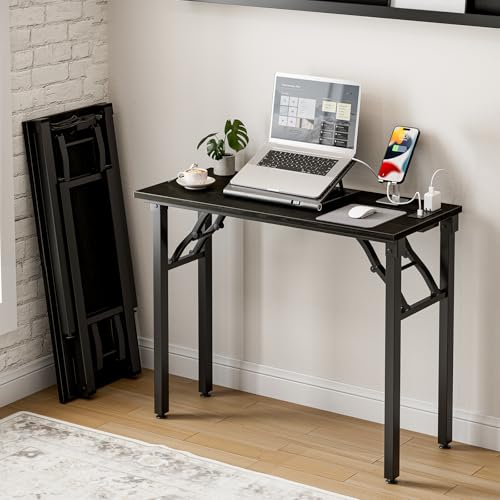 Image of Frylr Small Folding Computer Desk - 35.8 Inch Portable Table for Craft and Study, Lightweight Desk for Small Spaces, Foldable Laptop Table Built-in AC /USB Outlets for Convenience, Dark Oak
