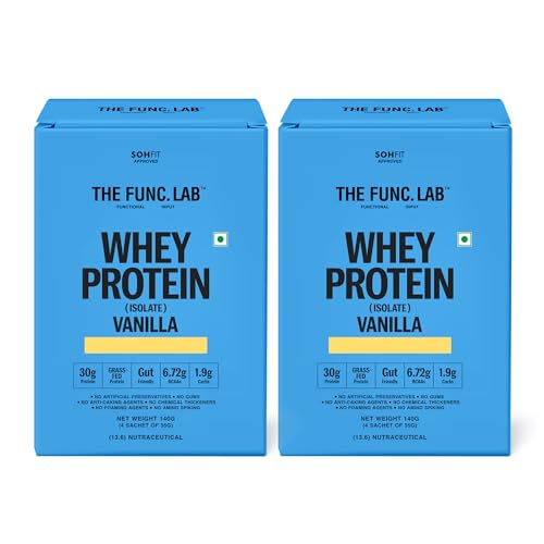 Image of The Func. Lab Whey Protein Isolate - Vanilla Travel Packs | (4 * 35g Sachets) Pack of 2 | Grass‑Fed, 30g Protein per Scoop | High Protein Supplement with Digestive Enzymes for better Absorption